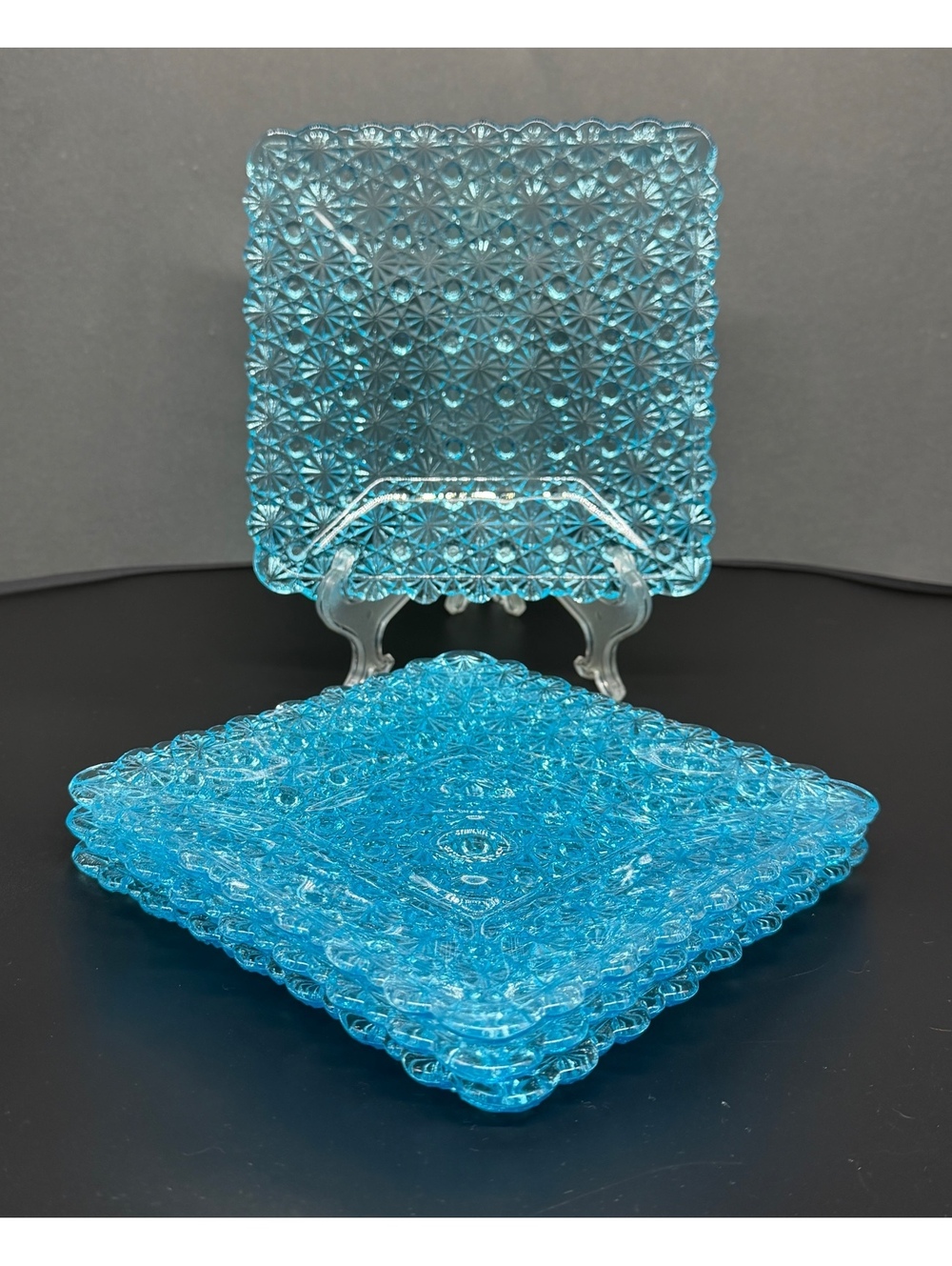 Vintage MCM LG Wright? Aqua Blue Daisy and Button Square Glass Plates Set of 4